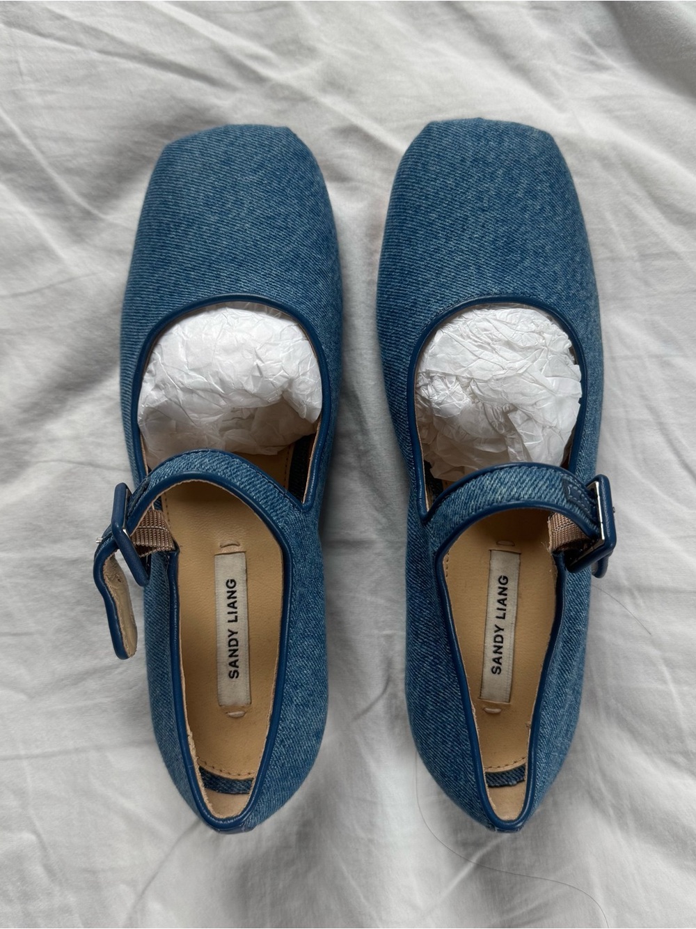 Sandy Liang Denim Mary Jane Flats in Blue Denim